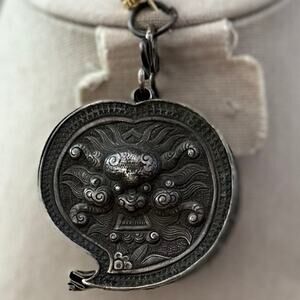 Antique Hmong Dragon Heart Box Locket Oversized Silver Tone Metal Pendant
